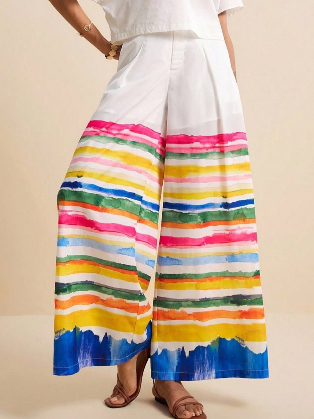 Multicolor Casual Women's V-Neck T-Shirt & Striped Wide Leg Pants coord Set